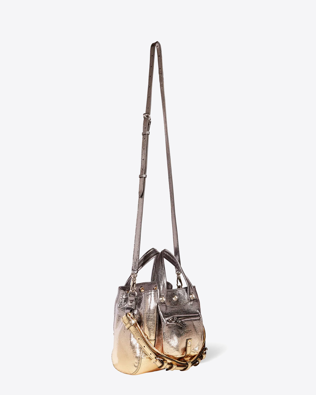 Mini-sac forme cabas Billy Nano en cuir de chèvre lamé dégradé or Jérôme Dreyfuss. Bandoulière en cuir.