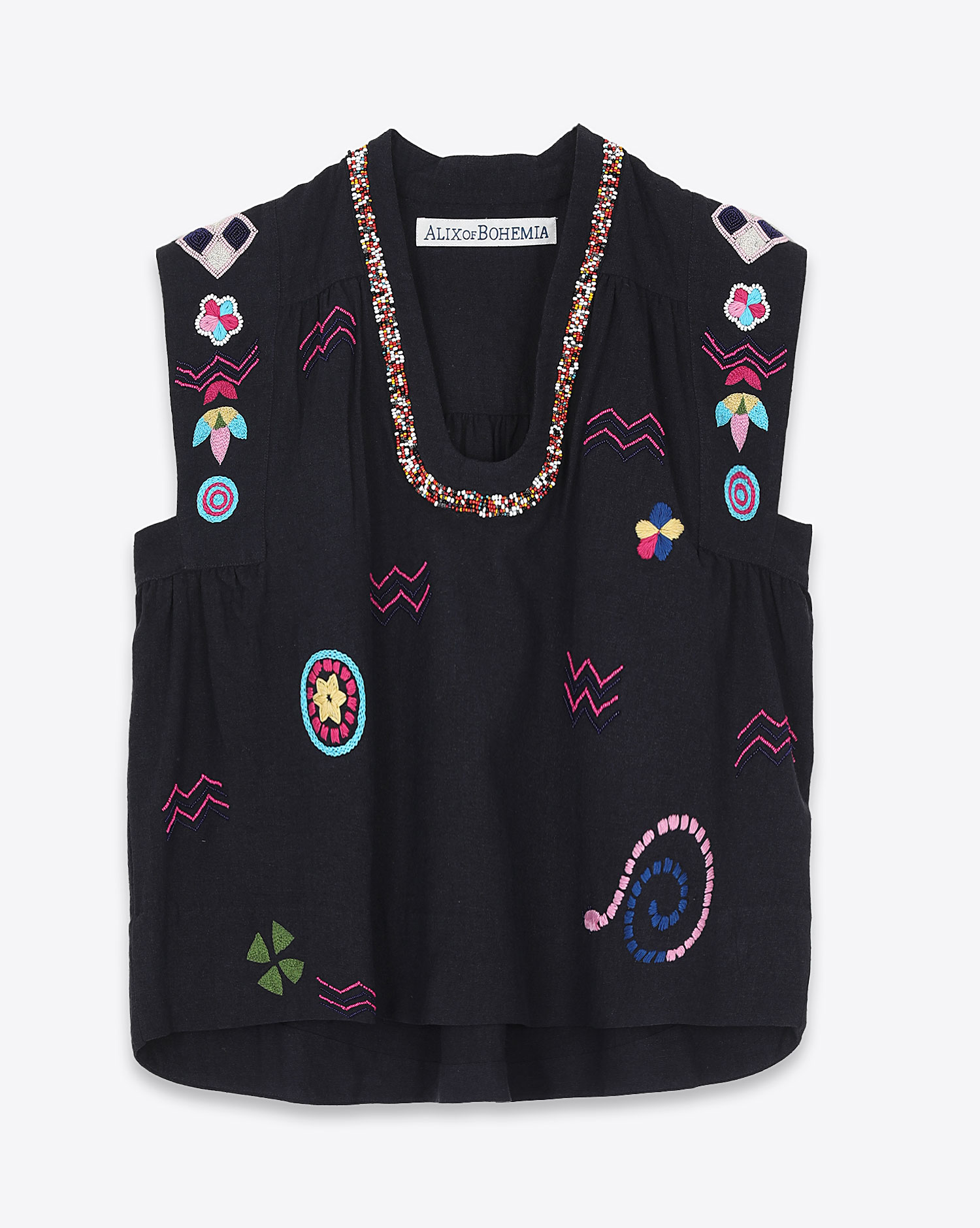 Alix Of Bohemia Top Nehru Slub Embroidered – Noir