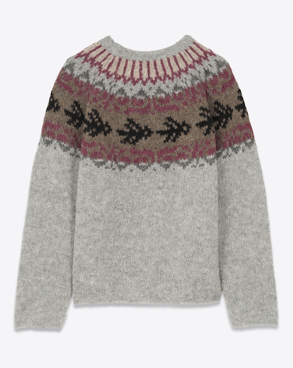 Pull motif péruvien Thibault Van Der Straete en alpaga gris clair, motif beige et violet. Vue de dos. 