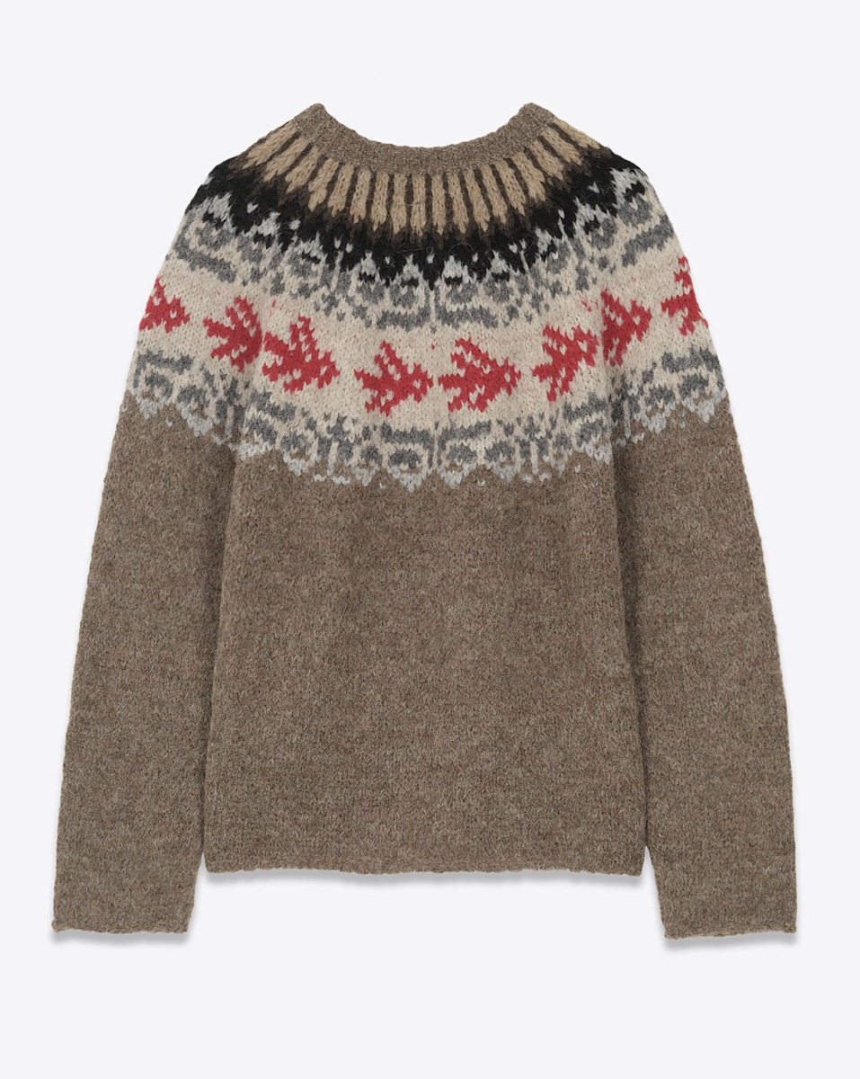 Pull oversize Thibault Van Der Straete en alpaga noisette, motif placé, péruvien, écru et rouge. Vue de dos.
