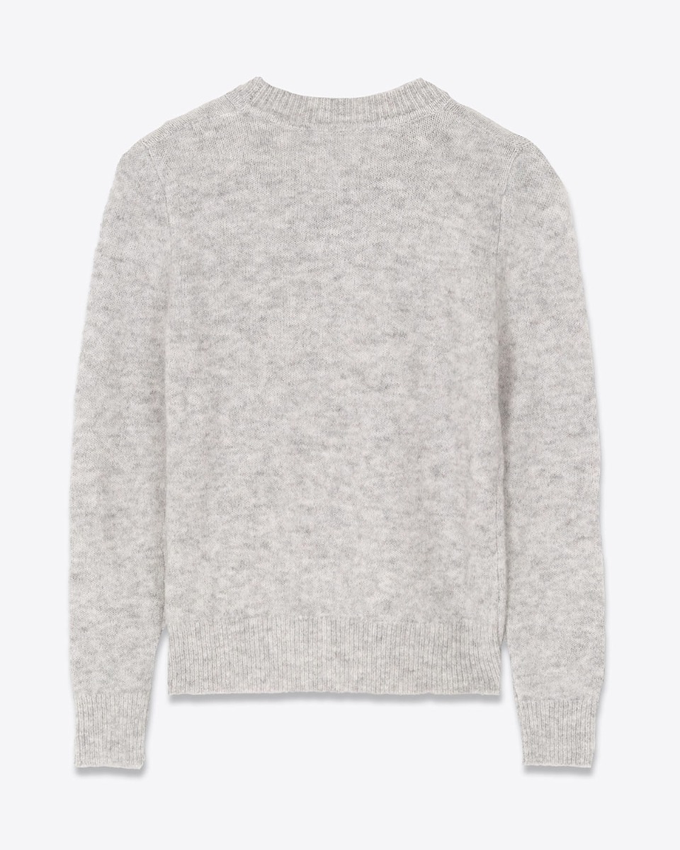 Pull Isadora Isabel Marant Étoile en baby mohair mélangé gris chiné, mini-logo "Marant" écru sur le bas. Vue de dos.