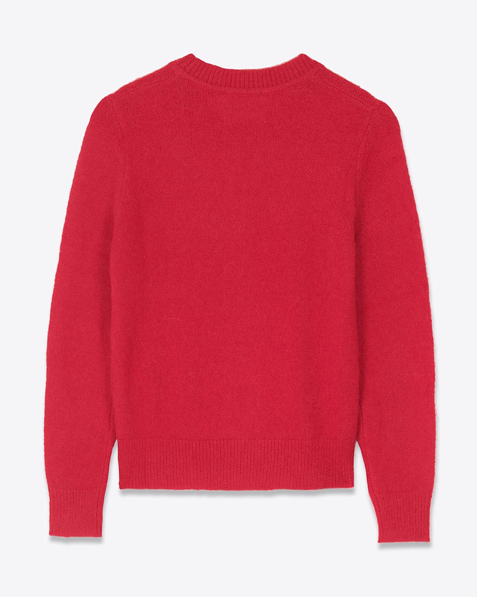 Pull Isadora Isabel Marant Étoile en baby alpaga mélangé rouge, logo écru sur le bas. Vue de dos.