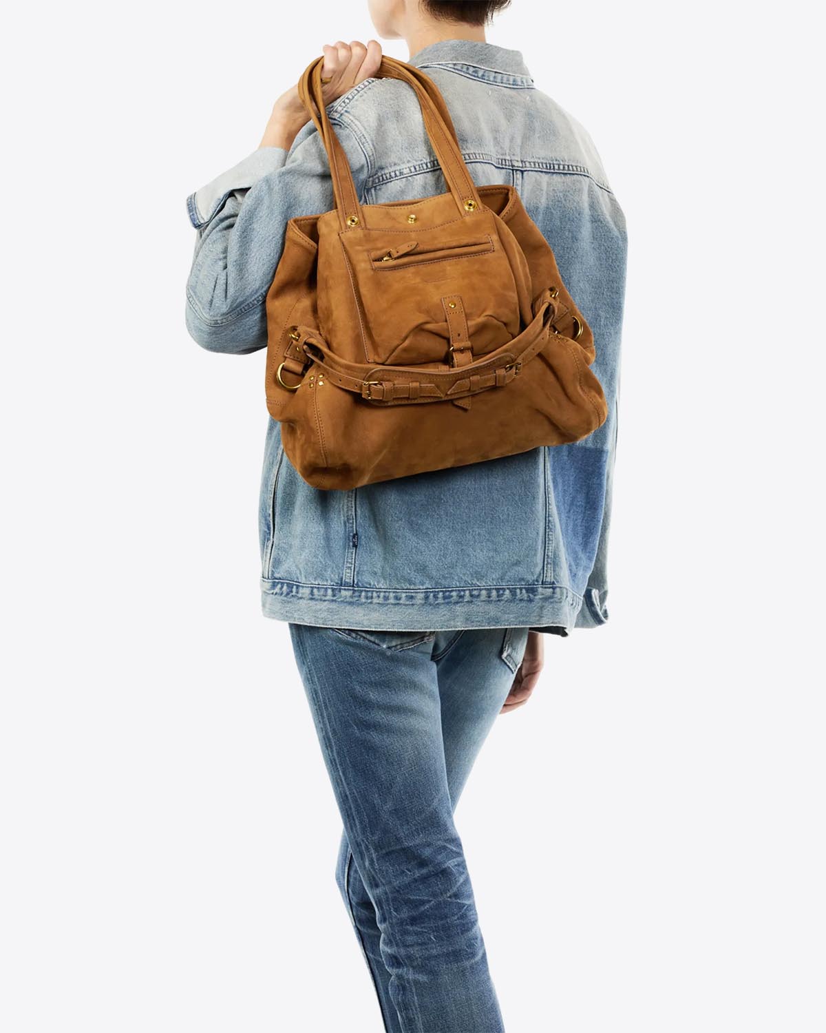 Sac cabas en cuir tabac Billy M Jérôme Dreyfuss. Porté main.