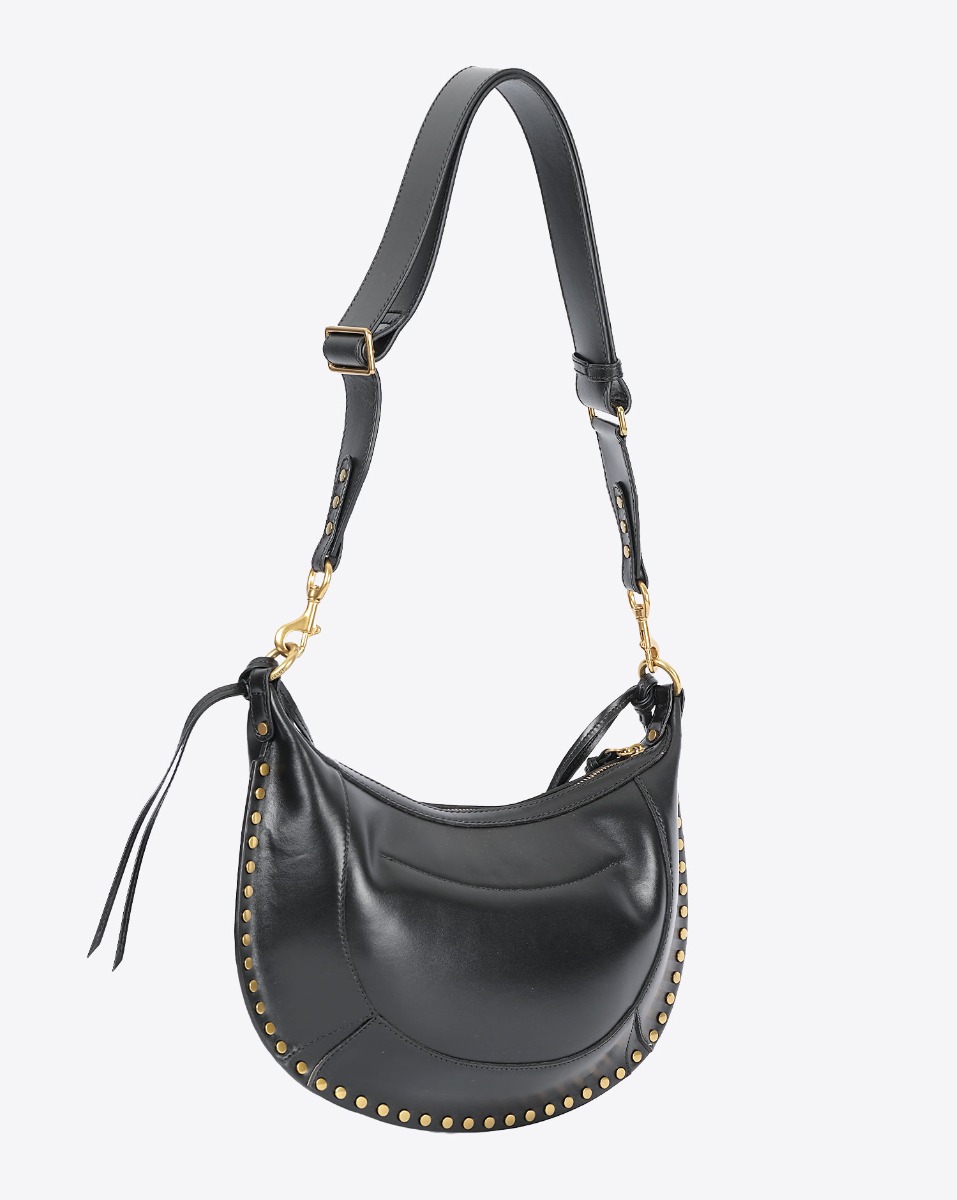 Sac Naoko bijou Isabel Marant en cuir lisse noir. Poignet bijou en métal doré gravé "Isabel Marant". Détail de la bandoulière réglable porté épaule ou croisé. Dos.