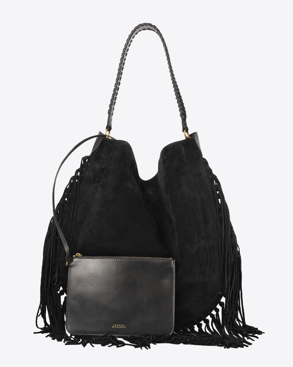 Sac Oskan Hobo Soft à franges Isabel Marant en cuir suédé noir. Porté main ou épaule. Détail de la pochette en cuir lisse noir à l'intérieur du sac.