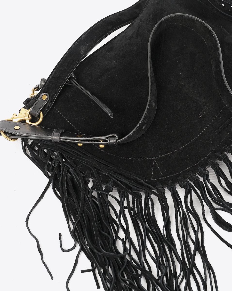 Sac Oskan Soft zip à franges Isabel Marant. Porté main ou bandoulière. Face. Détails du cuir et logo embossé "Isabel Marant" devant.