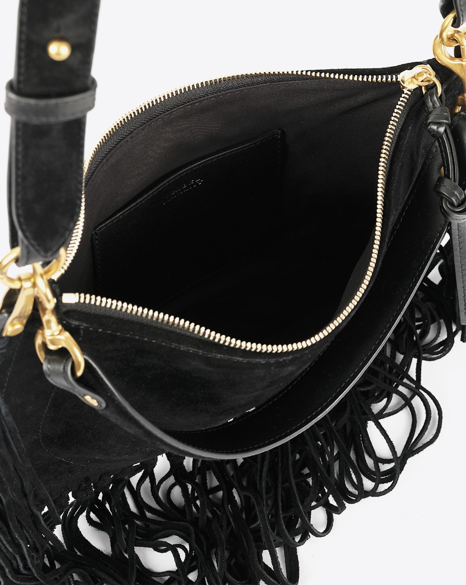 Sac Oskan Soft zip à franges Isabel Marant. Porté main ou bandoulière. Face. Détails de la poche en cuir à l'intérieur doublure tissu.