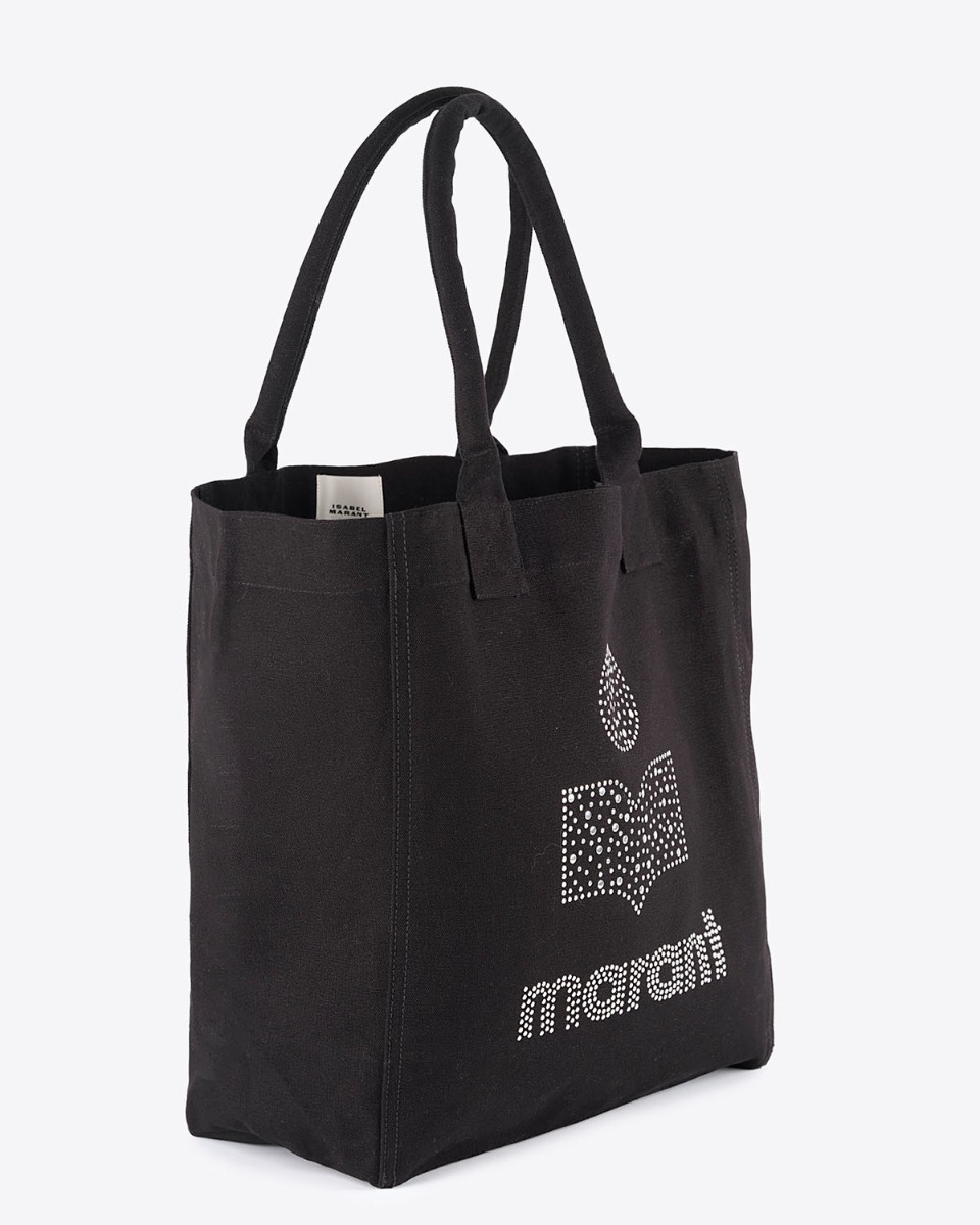 Sac cabas en toile de coton noir, logo clouté argenté Yenky Isabel Marant. Vue de profil.