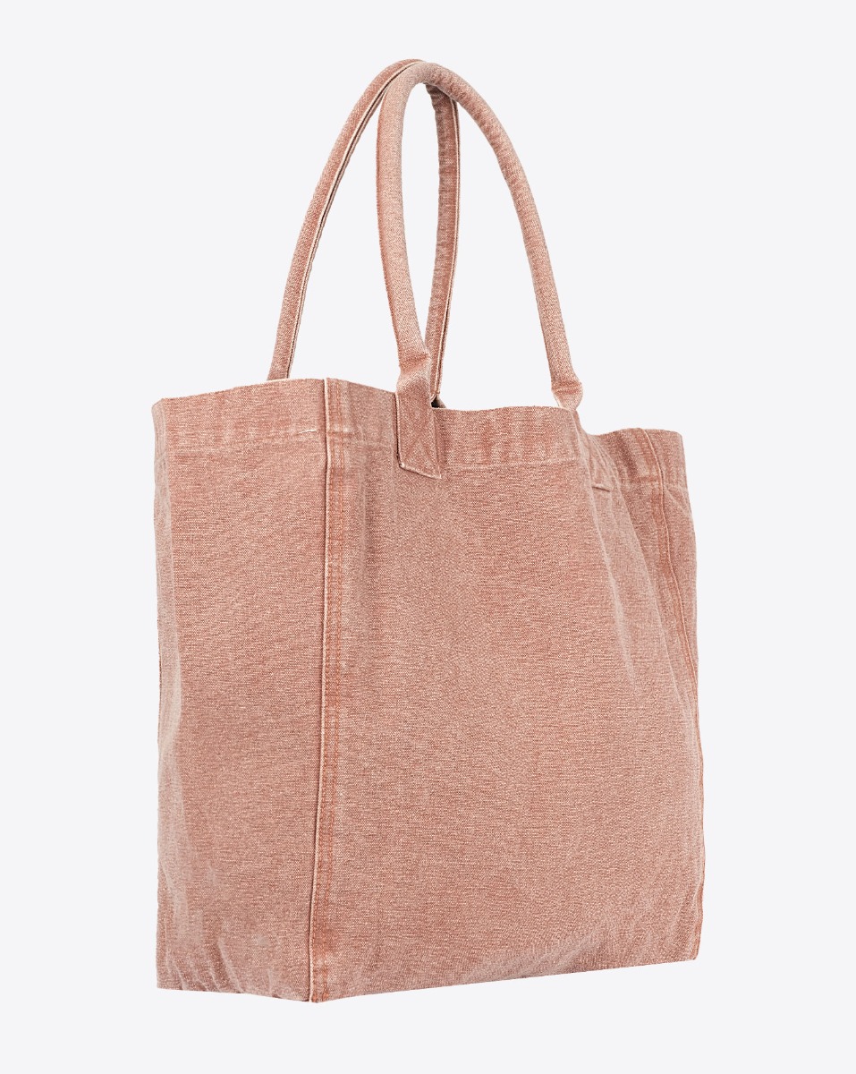 Sac cabas Yenky Isabel Marant en toile délavé rust logo "MARANT" brodé blanc. Porté main ou épaule. Arrière du cabas uni. 