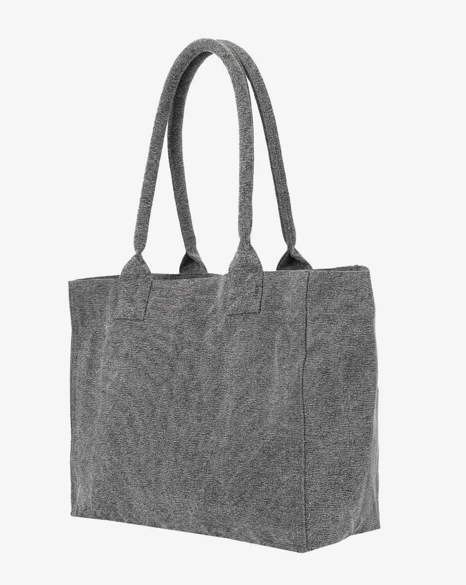 Cabas Yenky Zip Isabel Marant en toile de coton délavé gris anthracite logo brodé blanc "MARANT" devant. Porté main ou épaule. Arrière du cabas uni.