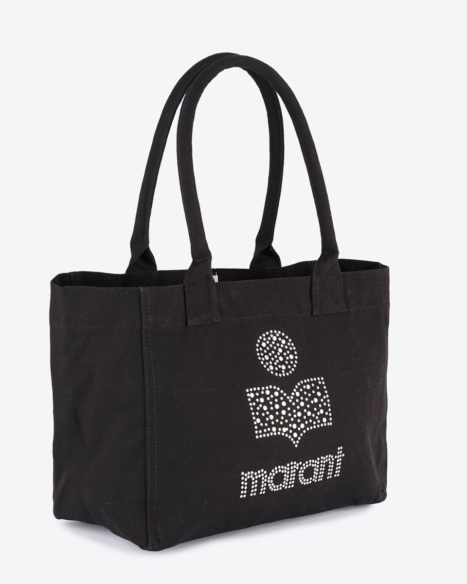 Sac cabas zippé Yenky Isabel Marant en toile de coton avec logo clouté argenté Marant. Vue de profil.