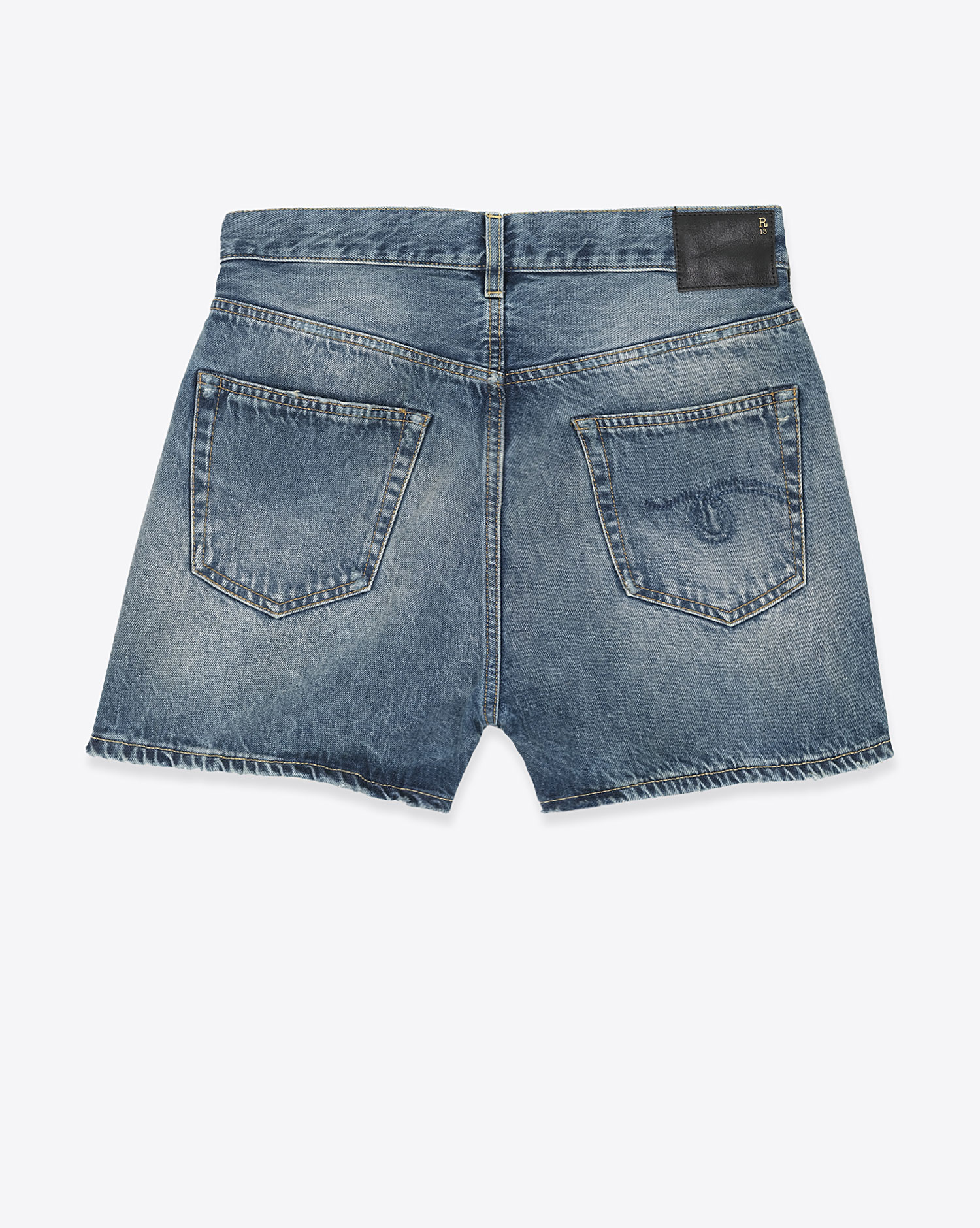 Short Crossover R13 en denim bleu délavé. Vue dos. 