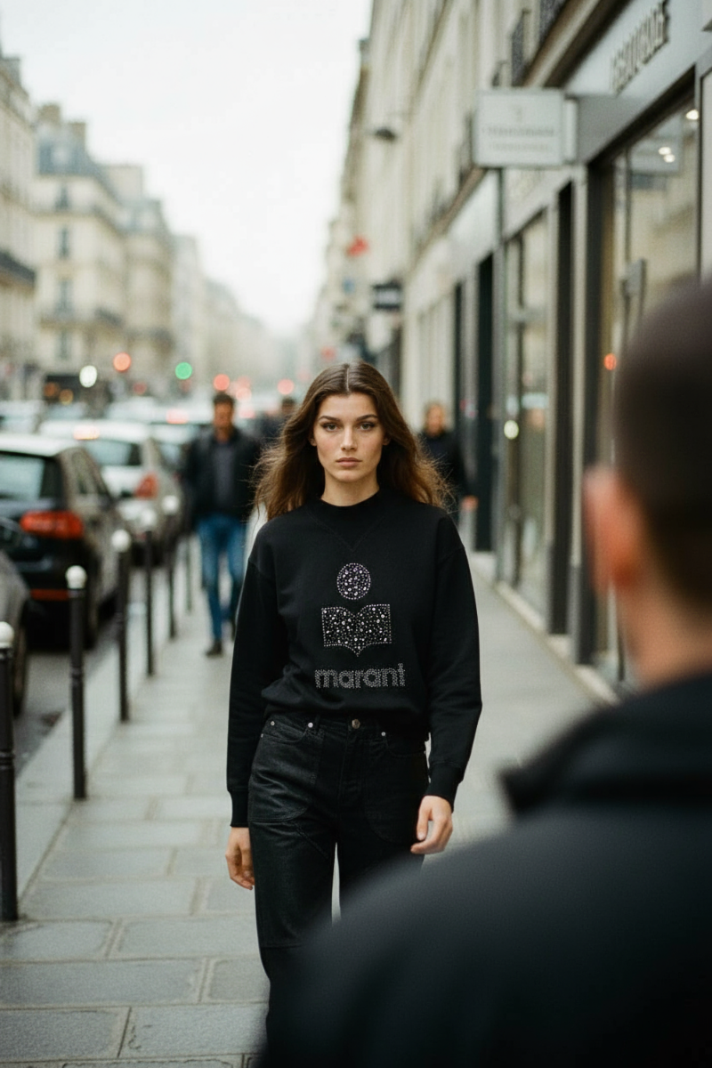 Sweat-shirt Moby Isabel Marant Etoile noir logo Marant clouté argenté, porté de face. Capsule de Noël.