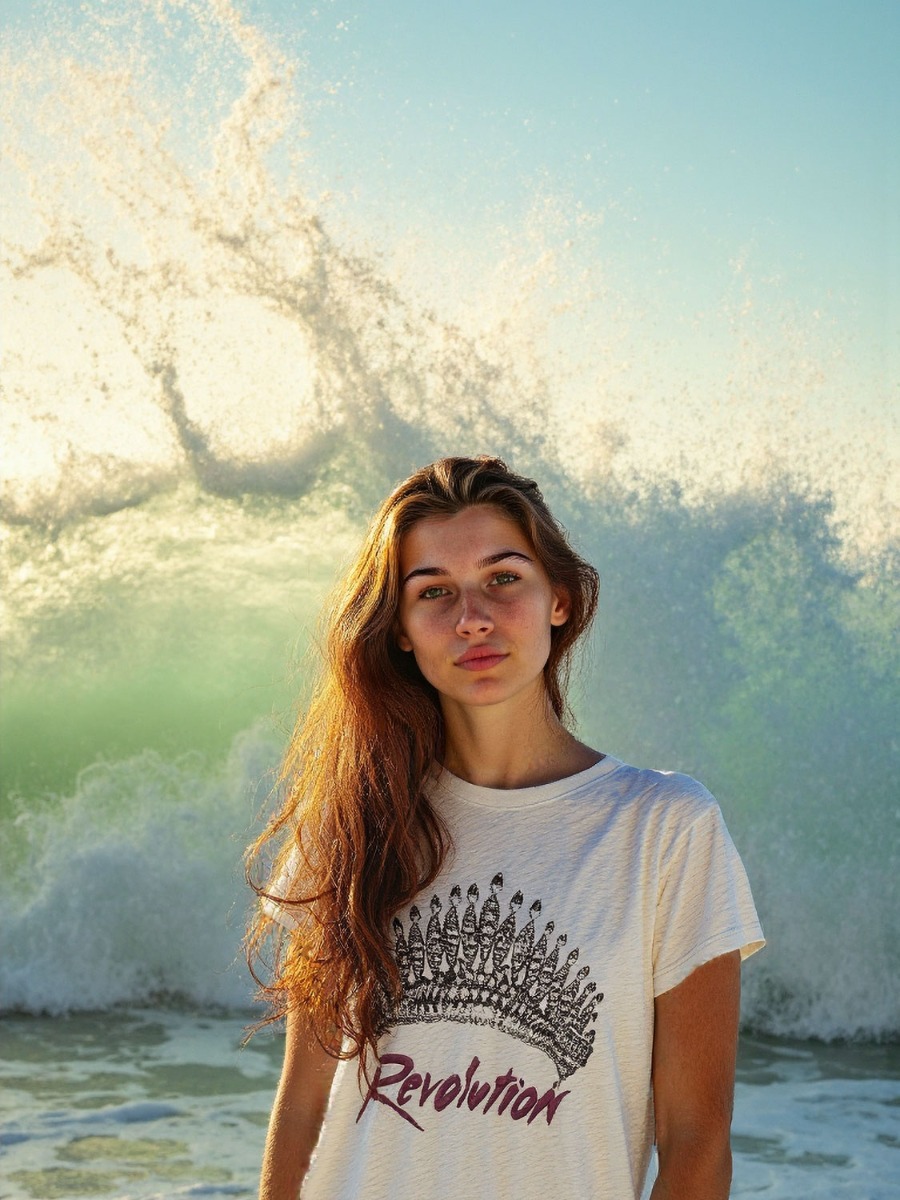 Tee-shirt manches courtes imprimé placé devant tiare Révolution en coton écru Zewel Isabel Marant Etoile. Détail de la sérigraphie de face. Visuel généré par IA à des fins éditoriales.