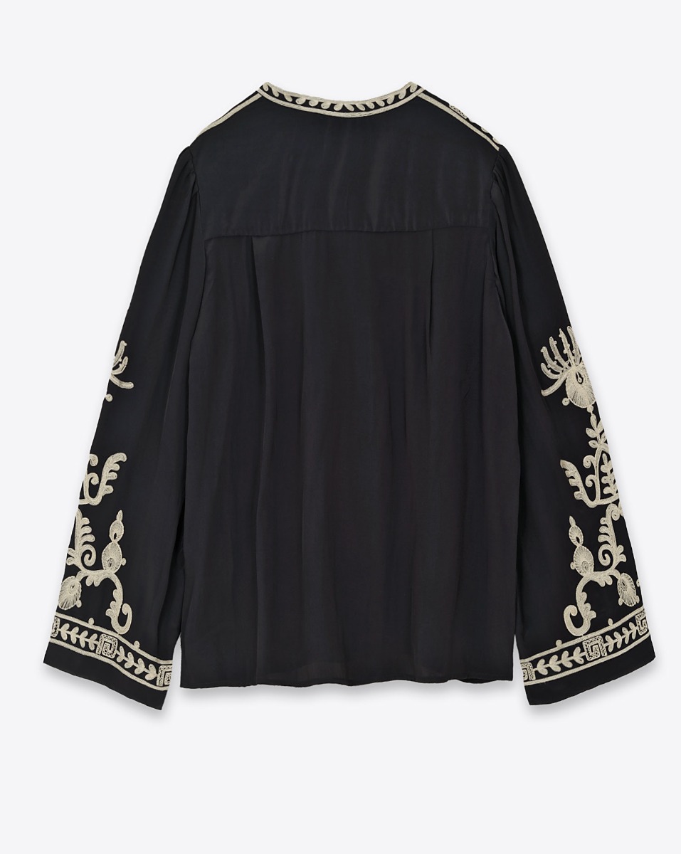 Blouse Falonne Isabel Marant Etoile en crêpe noir brodé écru. Dos.