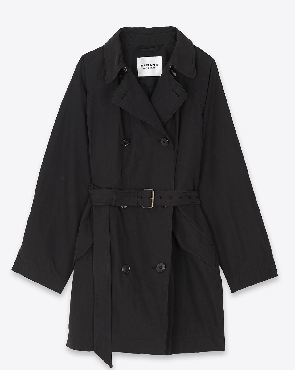 Trench Carlota Marant Etoile en coton et polyamide noir. Vue de face. Fermé et ceinturé.
